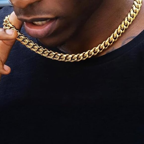 Miami Cuban Link Chain Necklace for Men Stainless Gold-10mm Plated Hip Hop - Picture 5 of 6
